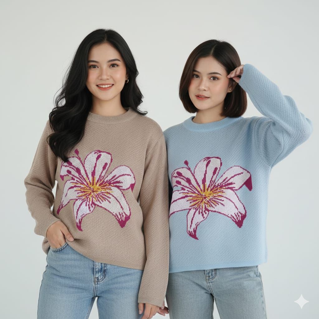 Sweater rajut wanita motif Lily premium, Outter rajut wanita bunga Lily oversize Korean Style