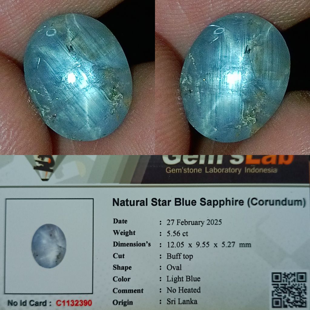 NATURAL STAR BLUE SAPPHIRE ORIGIN SRI LANKA LIGHT BLUE COLOR NO HEATED MEMO GLI LAB