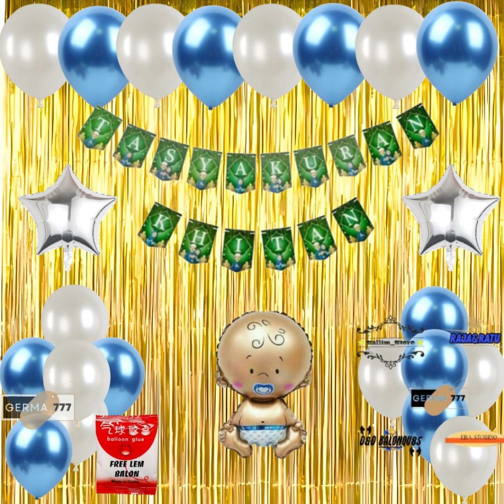 Set Dekorasi Tasyakuran Khitan Anak / Dekor Ultah Acara Khitanan Balon Foil Bayi Tirai Gold
