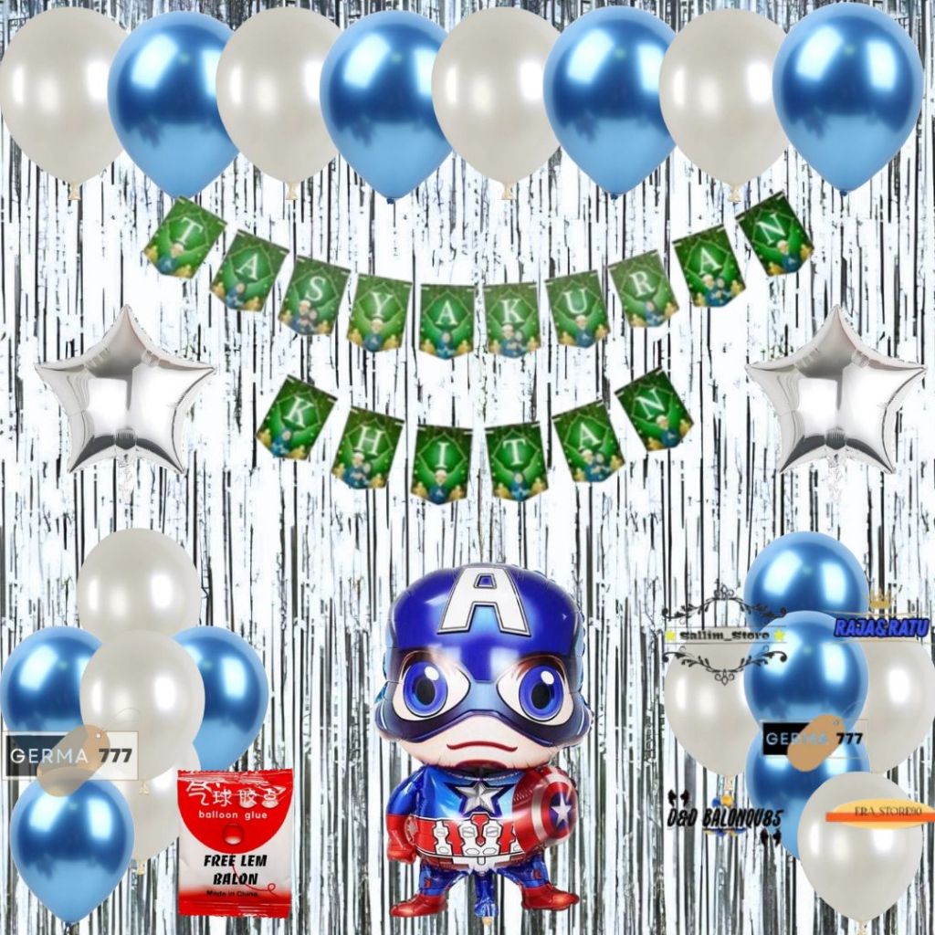 Set Dekorasi Tasyakuran Khitan Anak / Dekor Ultah Acara Khitanan Balon Capten America Tirai Silver