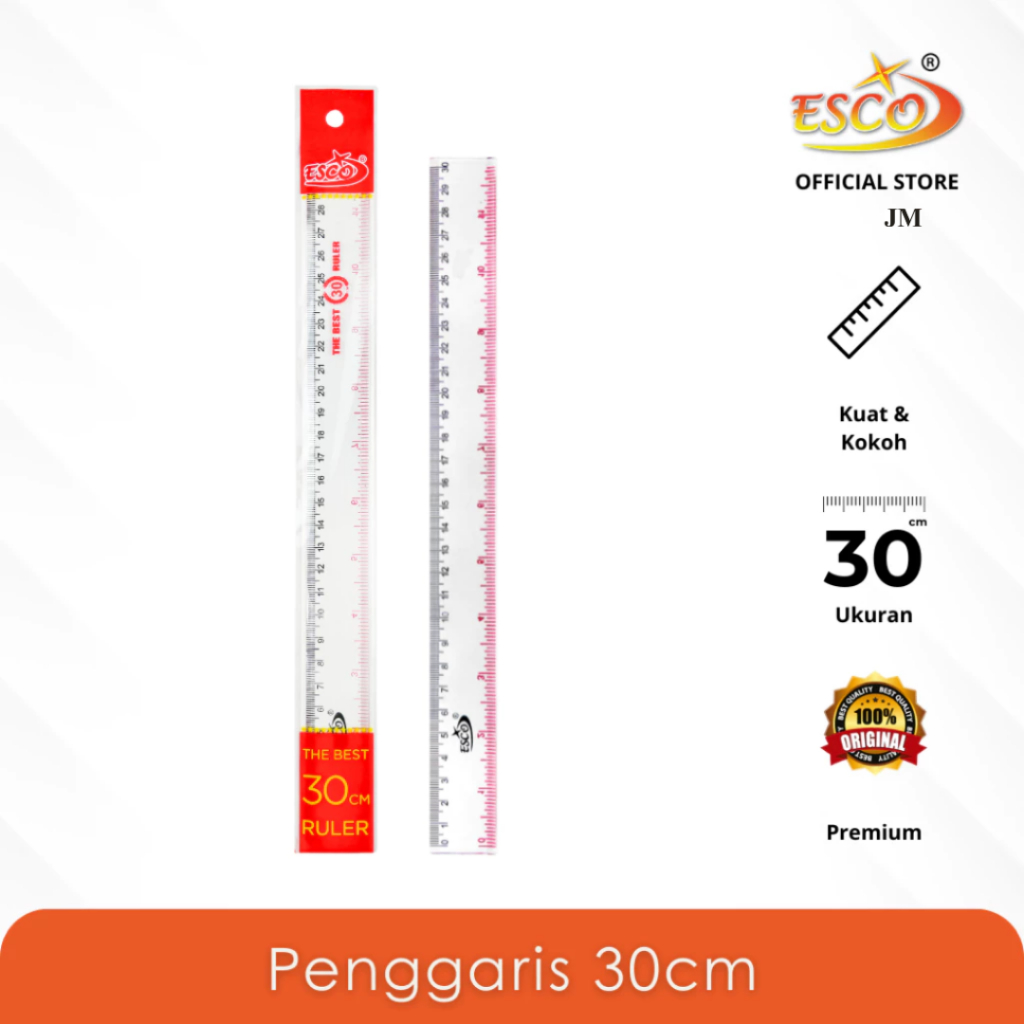 Esco 30cm Plastic Ruler - Penggaris Transparan Skala Cm & Inci (PPV-30) JM