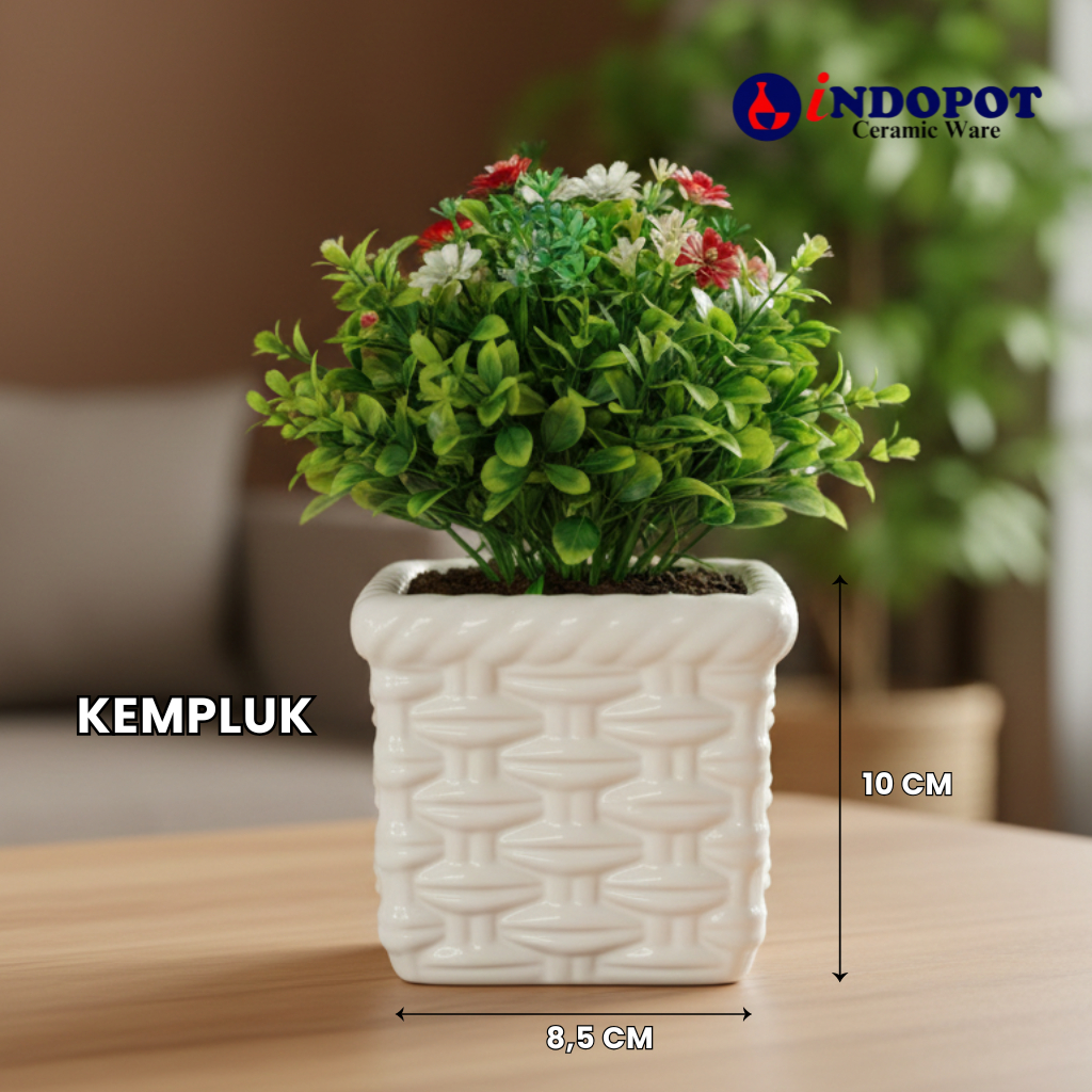 Pot Keramik Putih Model Kempluk by Indopot - Vas Bunga Kotak Estetik - Dekorasi Meja Minimalis - Pot