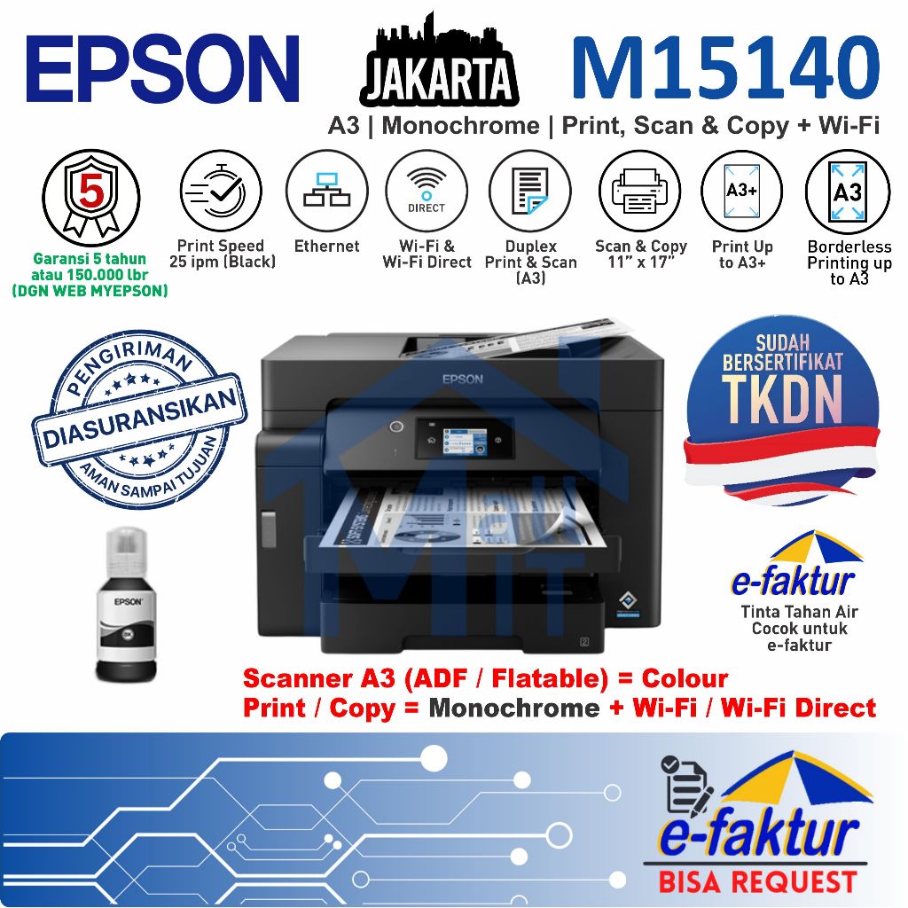 MALLIT EPSON Printer Epson M15140 Epson M-15140 M 15140 A3 Wifi Duplex Monochrome Resmi Jakarta