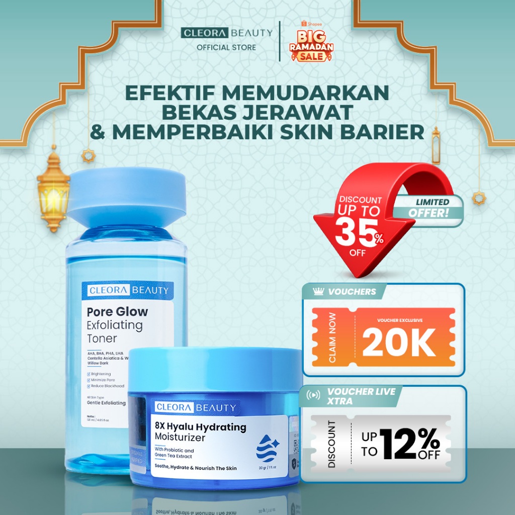 [COMBO HEMAT] Cleora Beauty Special Bundle Pore Glow Exfoliating Toner + Cleora 8x Hyalu Hydrating M