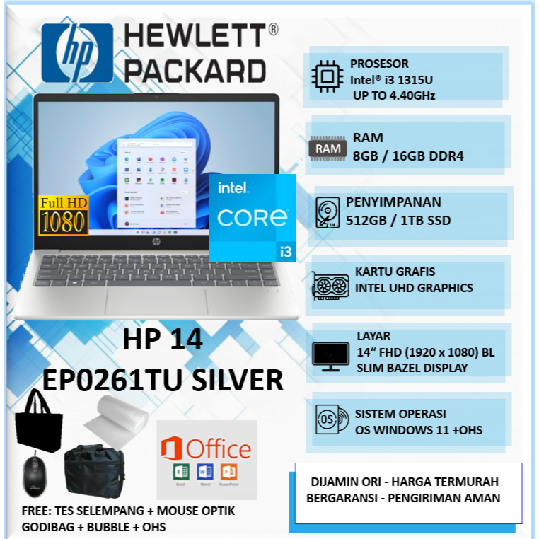 HP Laptop 14 Intel Core i3 1315U 16GB 1TB FHD Backlit Keyboard Windows 11 Baru +OHS