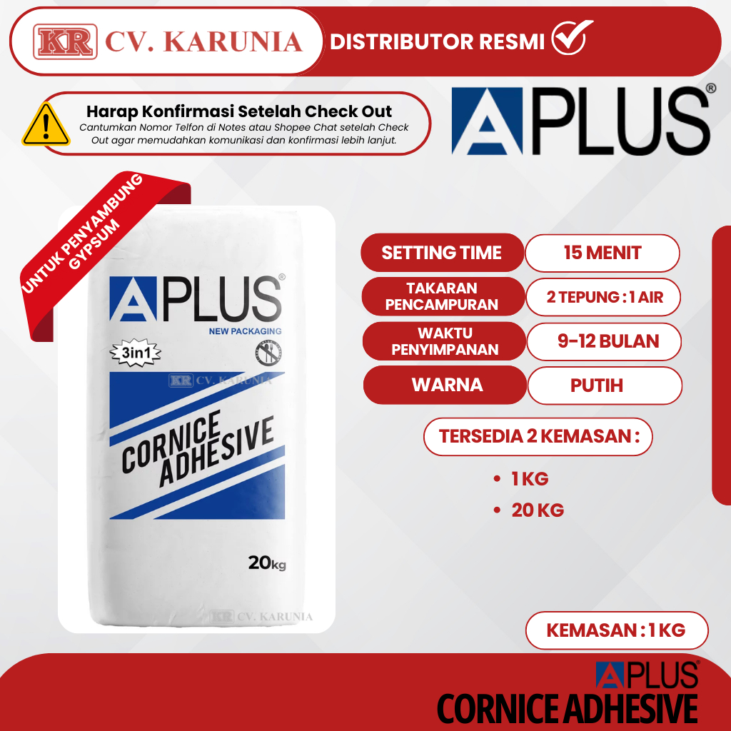 Kompon Gypsum Aplus Cornice Adhesive 1KG (Sak Kecil) | Plamir Perekat List Profil Gipsum