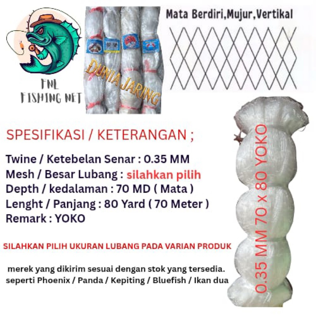jaring ikan bahan senar YOKO 0,35 mm 70 x 80 ( lubang silahkan pilih )
