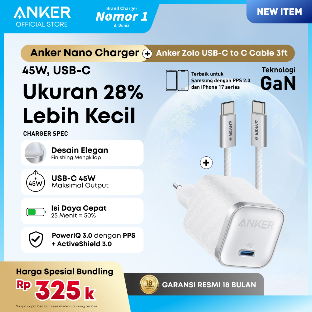 Anker 25W 45W GaN USB C Charger, Compact Support PPS & Fast Charging for Samsung iPhone 17 16 15 - A