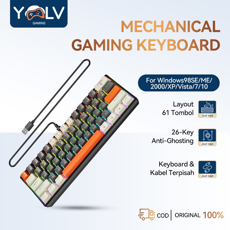 YLV Mechanical Keyboard Blue Switch RGB Backlit 61 Keys Esports USB Wired Gaming Keyboard for PC Lap