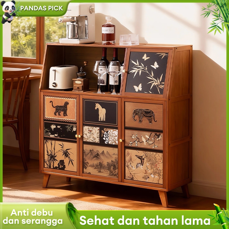 Lemari Dapur Bambu Kabinet Dapur Lemari Makan Rak Dapur Tertutup Lemari Piring Hiasan Motif