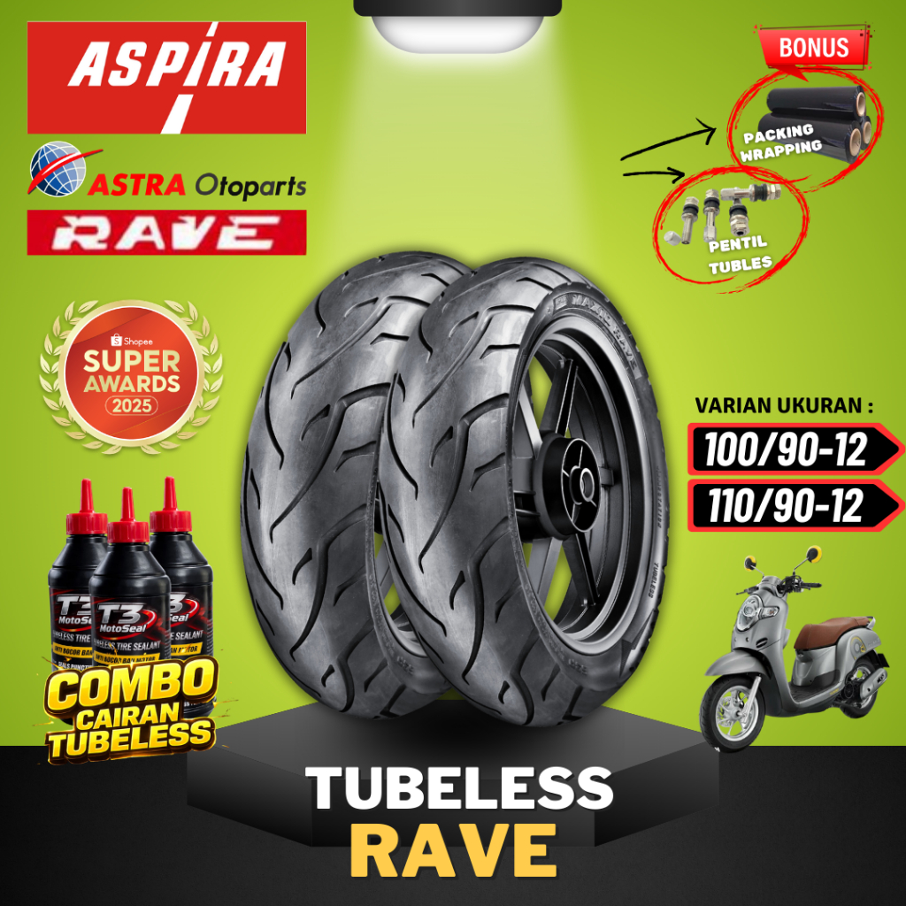 [PAKET SEPASANG MURAH] BAN ASPIRA TUBELESS MAXIO RAVE RING 12 100/90-12 110/90-12 / BAN LUAR SCOPPY 