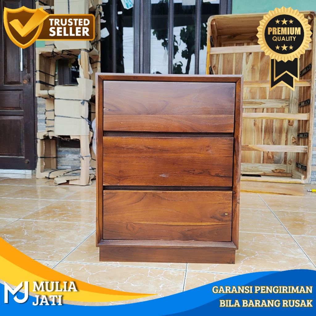 [Mulia Jati] Meja Nakas 3 Laci Penyimpanan Kayu Jati Desain Minimalis Lemari Kecil Penyimpanan 3 Lac