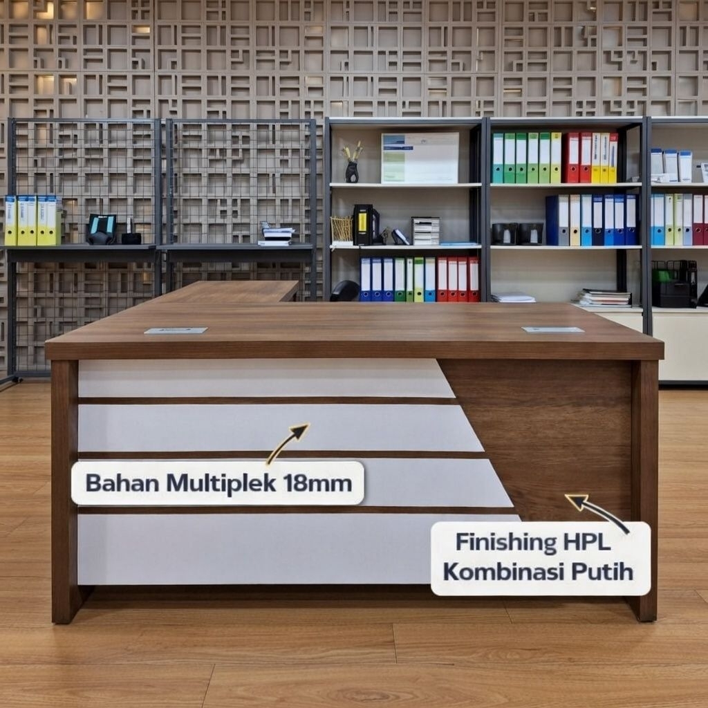 Meja Kantor L Minimalis Modern Finishing HPL Kombinasi PutihMeja Direktur