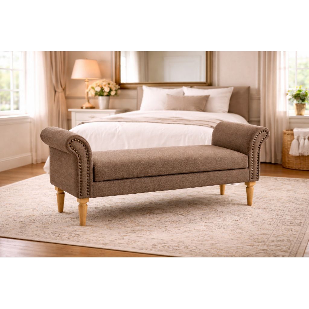 Bangku Sofa Ujung Tempat Tidur Minimalis – Bench Kamar Tidur Elegan Kain Fabric Kaki Kayu Jati Solid