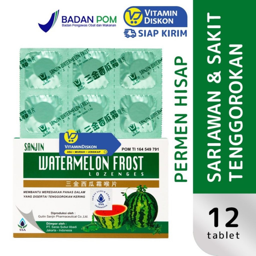 Sanjin Permen WATERMELON FROST 12tablet Pelega Tenggorokan obat pelega tenggorokan, batuk, pilek, fl