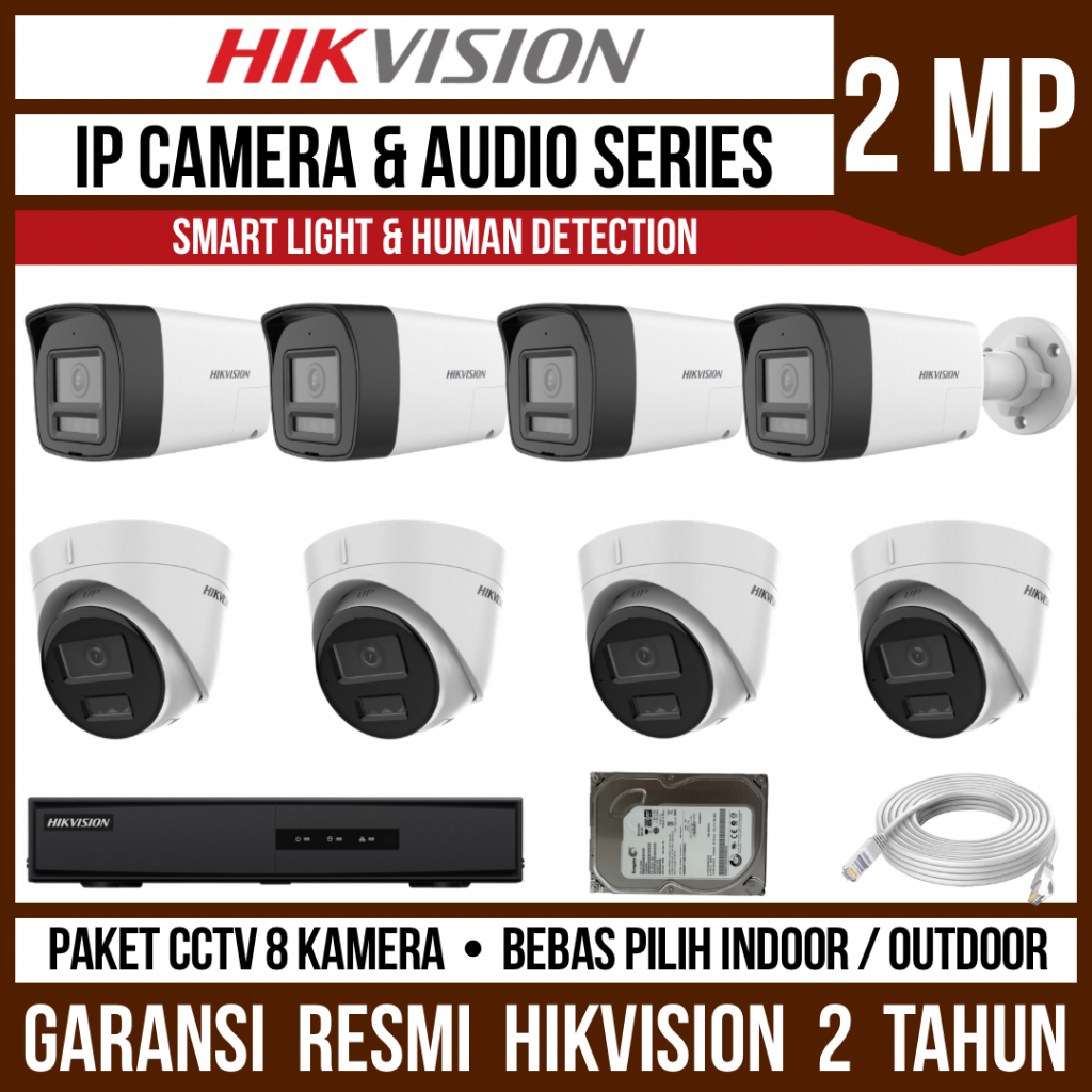 Paket CCTV Hikvision IP Camera 2MP 8 Channel 8 Kamera Smart Hybrid Light Audio IP Cam
