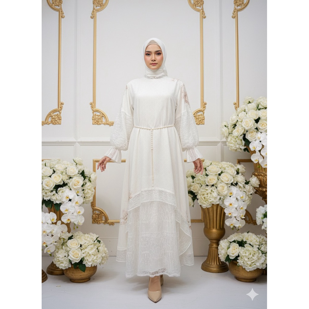 Salsabilla Drees + Belt / Gamis Kondangan Kekinian / maxy Drees Ceruty Mix Brukat chantily / Drees l
