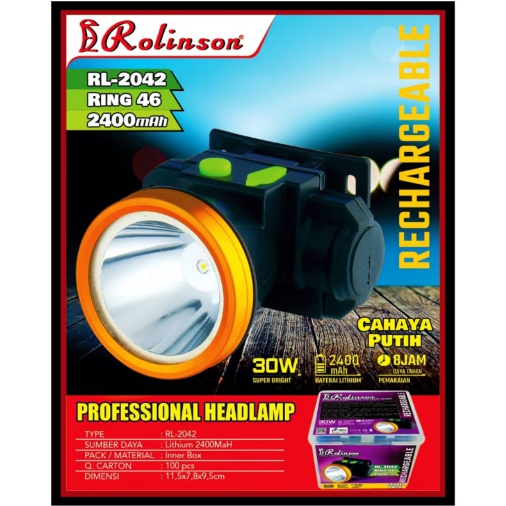 Senter Kepala LED 30 Watt Cahaya Putih Rolinson RL-2042 Headlamp LED
