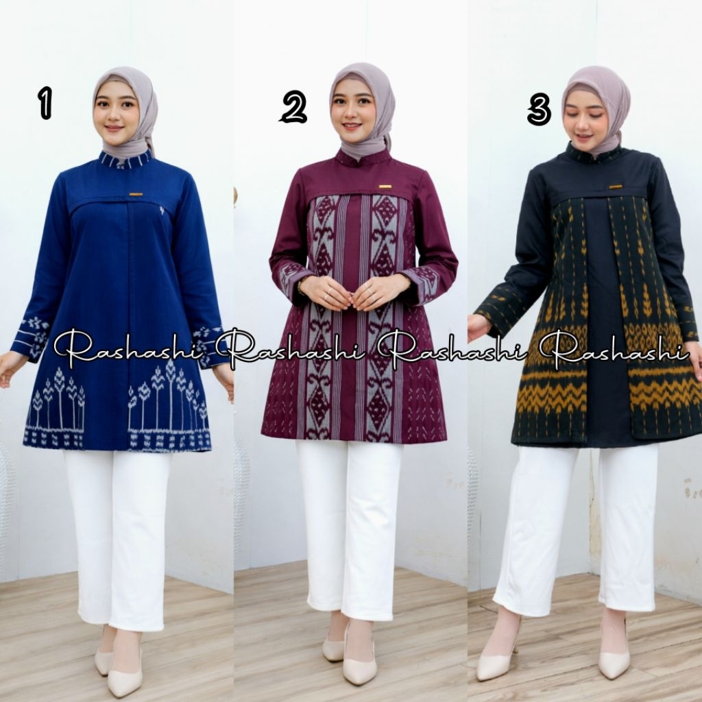AYANA Tunik lebaran tenun troso outfit lebaran wanita kekinian baju atasan motif etnik kombinasi kat
