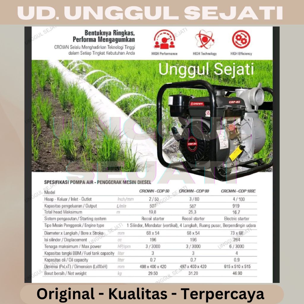 Crown pompa sawah. pompa alkon. pompa irigasi. pompa solar. CDP50 CDWP50 CDP80 CDWP80