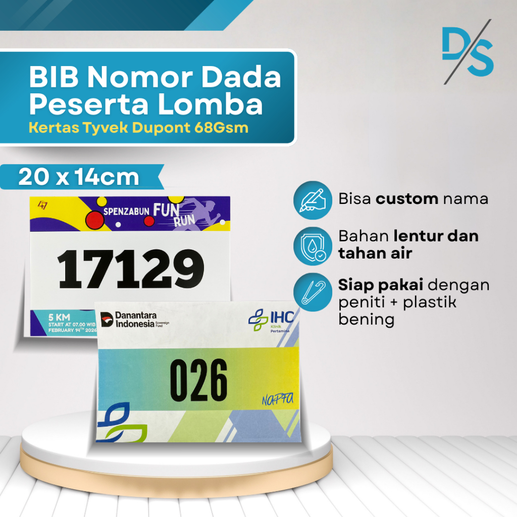 DSPRINTING - Cetak Bib 20 x 14cm Kertas Tyvek Dupont 68Gsm Nomor Dada Peserta Lomba Lari | Print