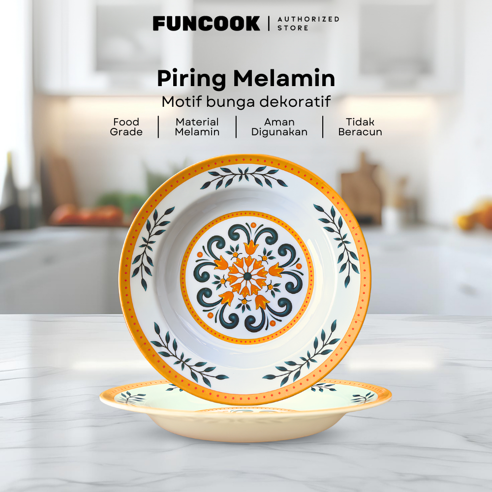 Funcook Authorized Piring Makan Melamin Aesthetic Piring Motif Bunga Food Grade Piring Melamin Food 
