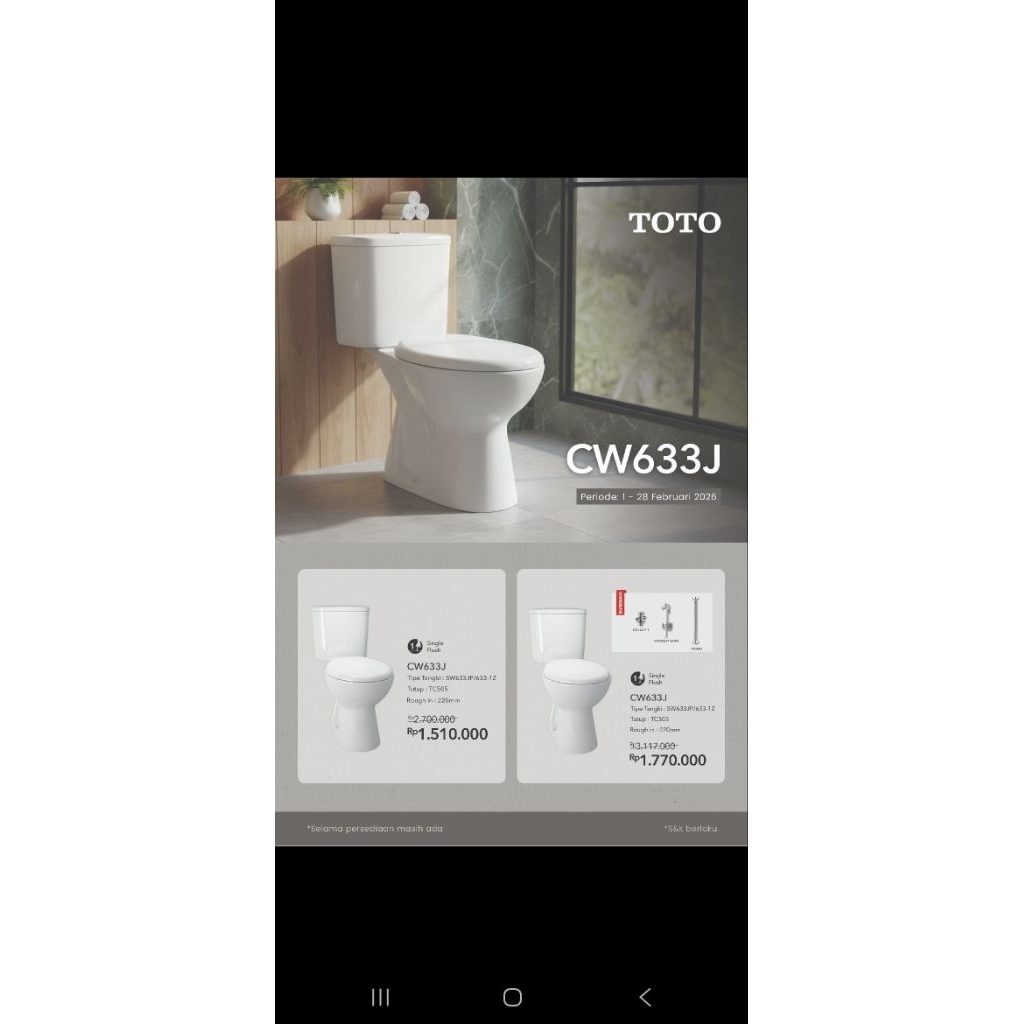 kloset duduk TOTO CW633J/SW633JP/Kloset/Toilet/Single flush