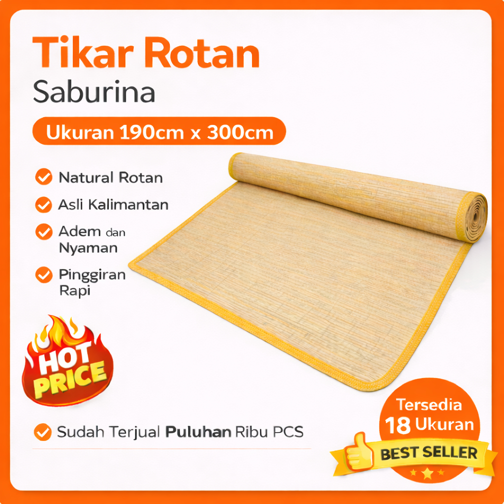 190cm x 300cm Tikar Rotan Saburina - Tikar Rotan Kalimantan, Lampit Saburina Kalimantan, Karpet Rota