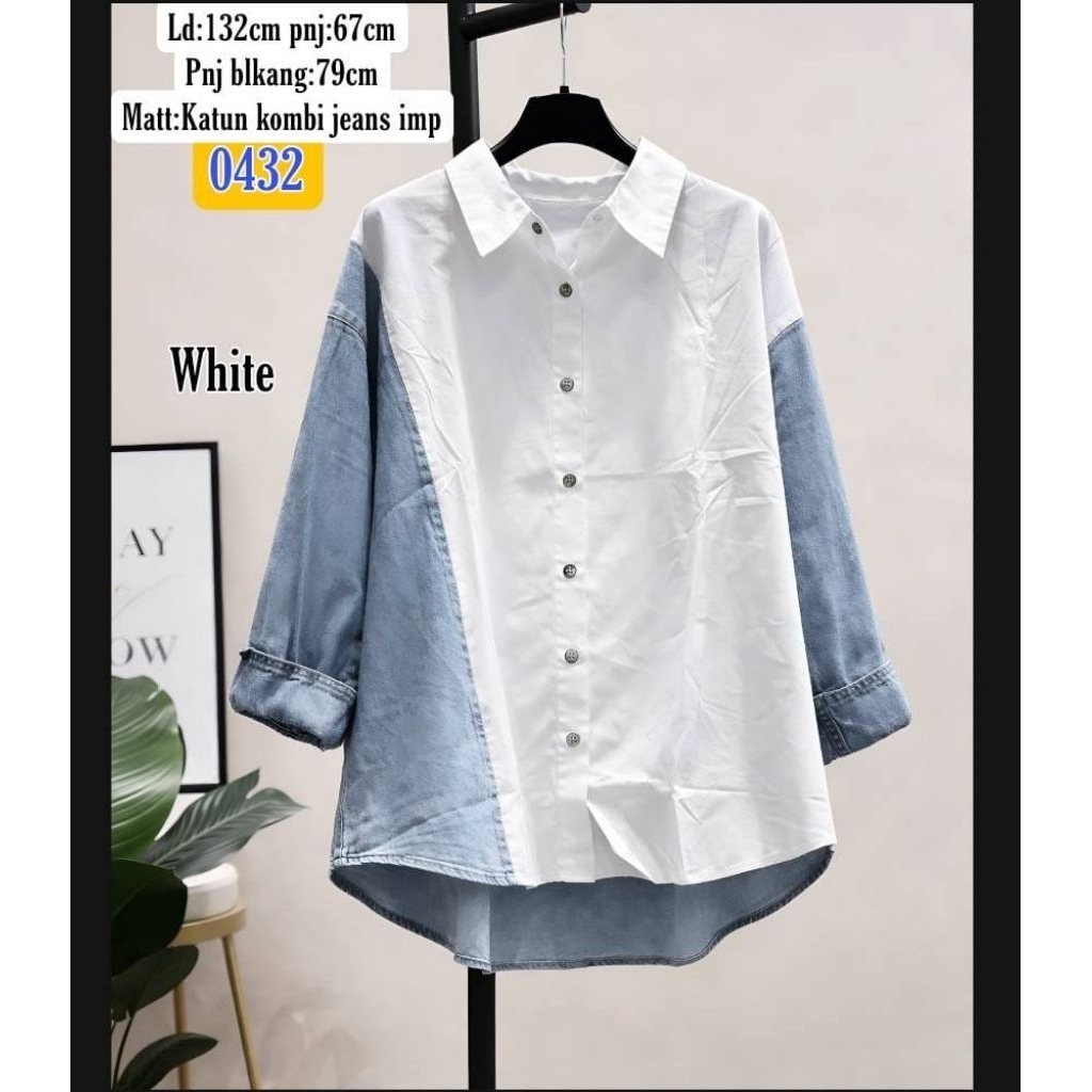 0432 Kemeja Oversize Wanita Katun Kombi Jeans Import LD 132cm | Atasan Casual Mix Denim