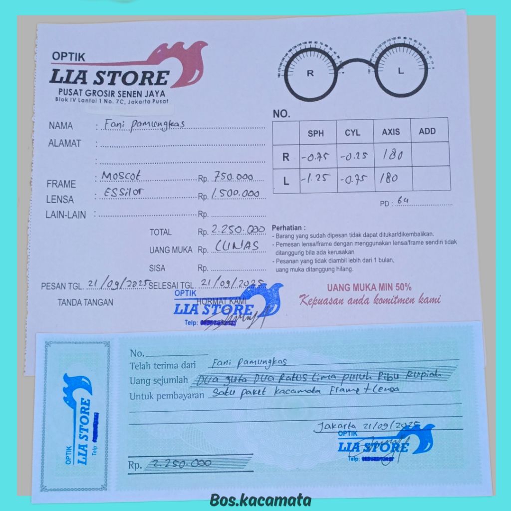 Resep optik | Bon kacamata| Kwitansi pembelian kacamata