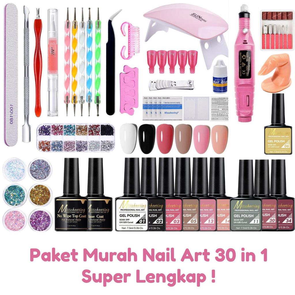 Paket Murah Nail Art Set Lengkap 30 in 1 Paket Nail Art – Gel Nail Kit Lengkap Lampu UV & Mesin Bor