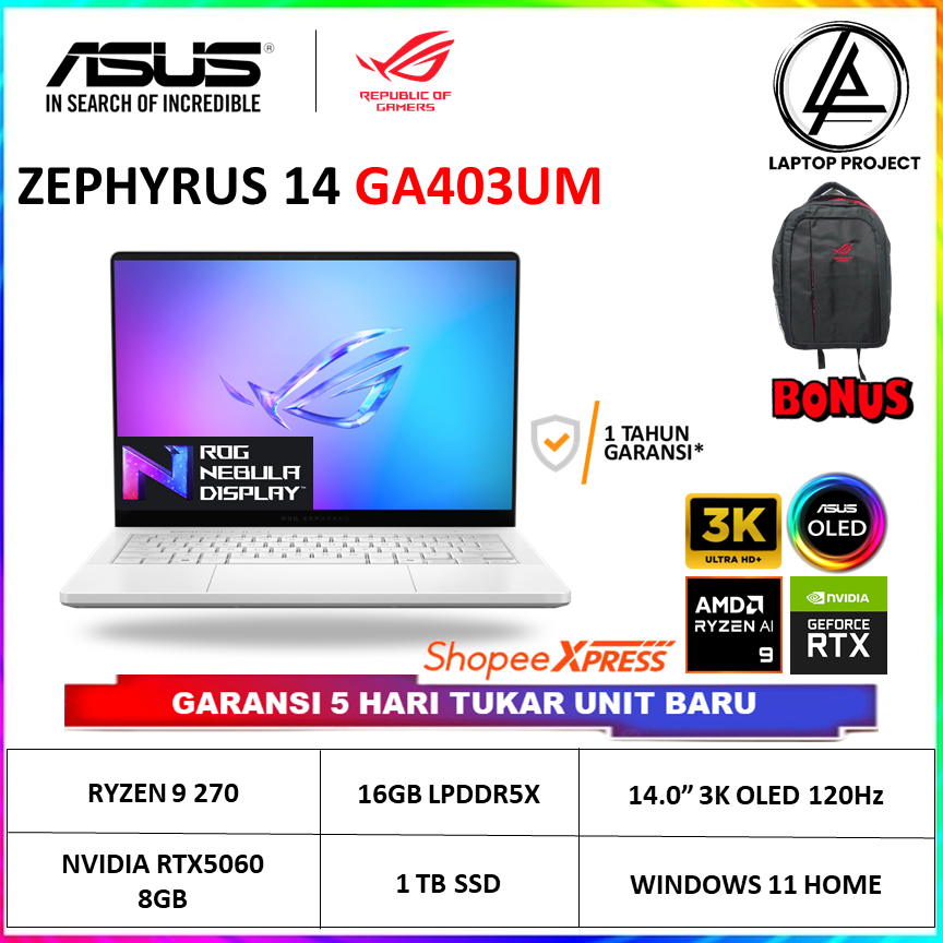 Asus ROG Zephyrus G14 OLED GA403UM Ryzen 9 270 Ram 16GB Ssd 1TB RTX5060 8GB 14" 3K 120Hz Windows 11 