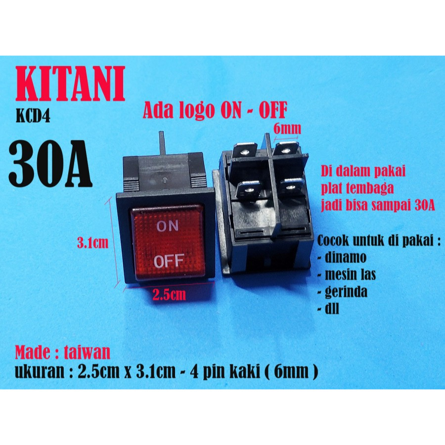 KITANI Saklar 30A Power Switch ON OFF 30A Roker Besar 4 Pin Kaki Dengan Lampu KCD 4 logo ON OFF kota