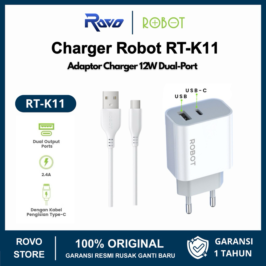 ROBOT Charger Fast Charging Dual Port 12W with Type C Cable 2.4A Adaptor Kepala Charger Adaptor Kepa