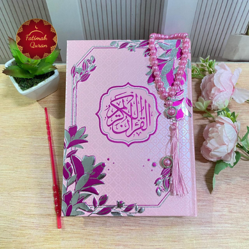 Al-Quran Wakaf 3D Hot Stamp Motif Bunga Cantik Free Tasbih Mutiara 33 Butir Emboss Flower Pink