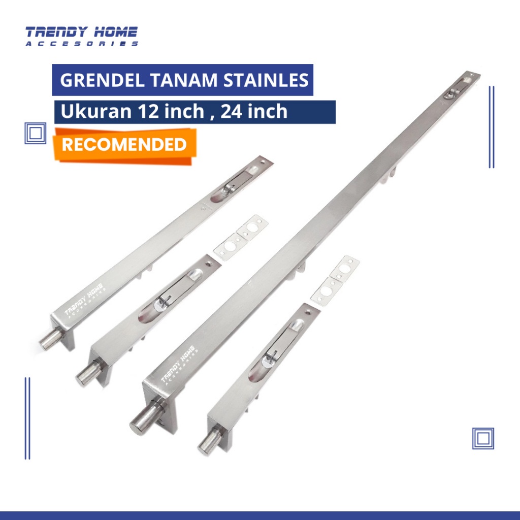 Grendel Tanam Satu Set Stainless Steel - Panjang 60 cm dan 30 cm slot pintu 2 depan