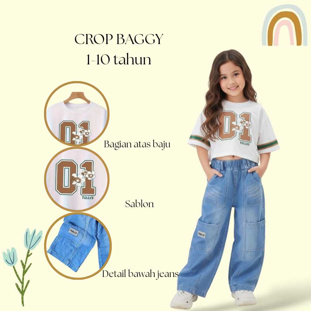 HAPPYLEYN - Oneset Baju Crop Top Anak Perempuan Celana Baggy Jeans 1-9 Tahun