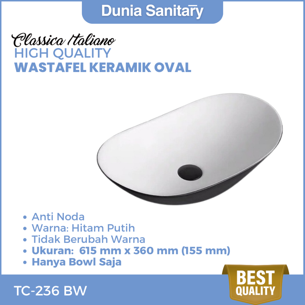 CLASSICA ITALIANO Wastafel Keramik Oval Hitam Putih Kamar Mandi | MODERN MEWAH MINIMALIST TC-236-BW