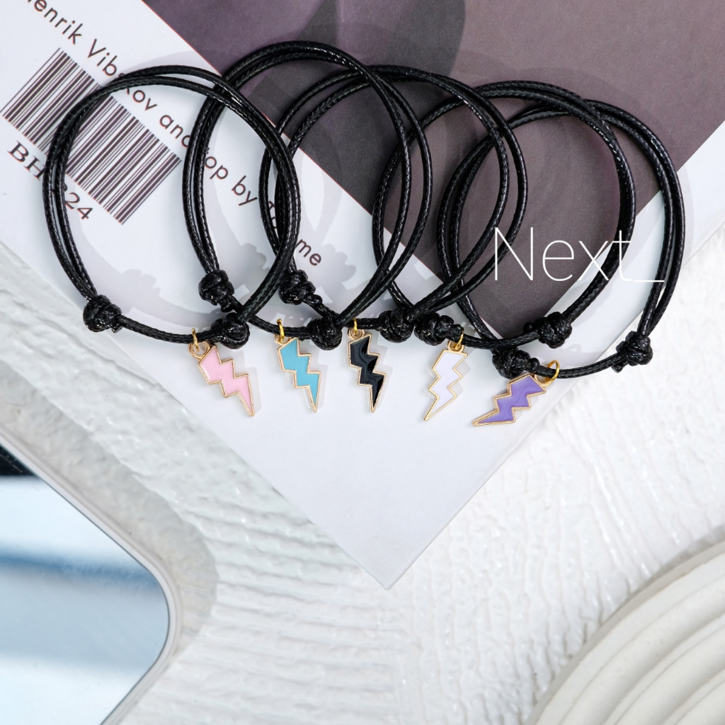 Gelang Couple Aesthetic Korea Pasangan Bestie Pacar Persahabatan Tali Korea Hitam Liontin Petir Simp