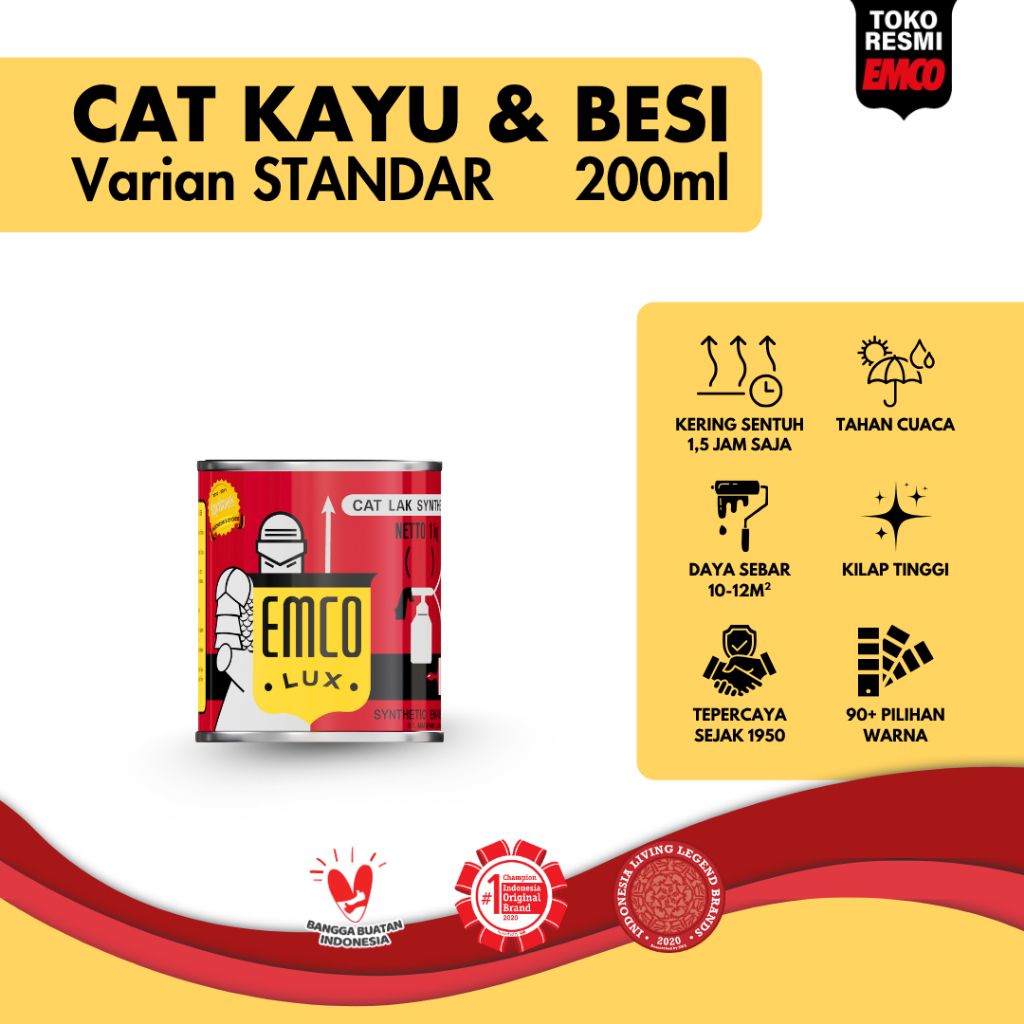 Emco Lux Cat Kayu & Besi Gloss Finish - Kaleng Mini 200ml Cat Pagar Pintu Kusen