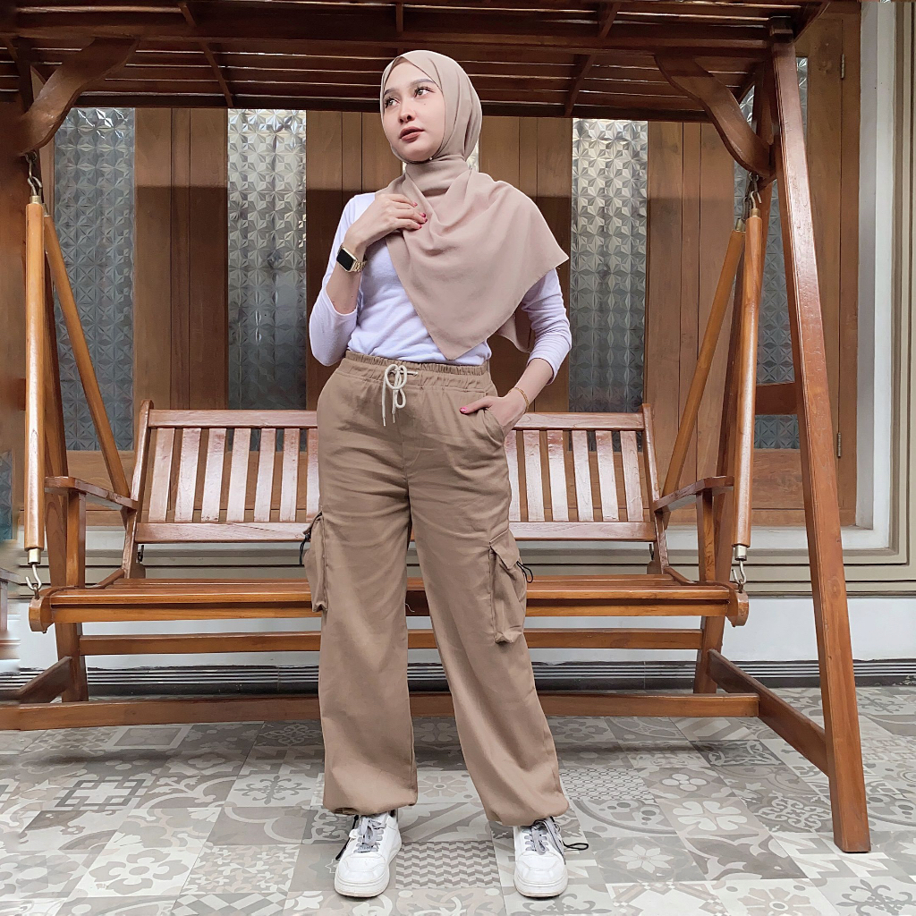 Celana Cargo Wanita Highwaist Kulot Twill Stretch Korean Style Trendy