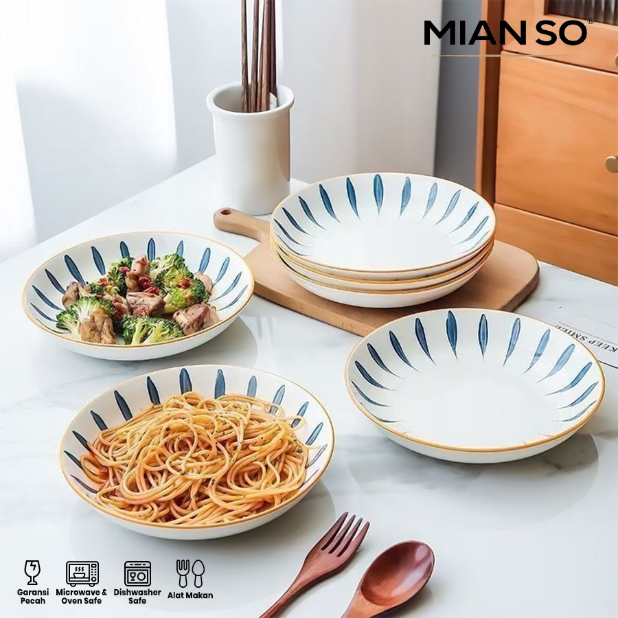 MIANSO - Piring Saji Keramik Motif Blue Jepang Elegant / Piring Makan Keramik Tahan Panas Microwave