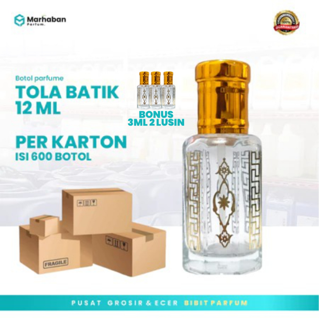 Botol TOLA BATIK 12 ML Stik - 600 Pcs Botol Parfume Tola batik emas Harga PerKarton - bonus 3 ml 2 l
