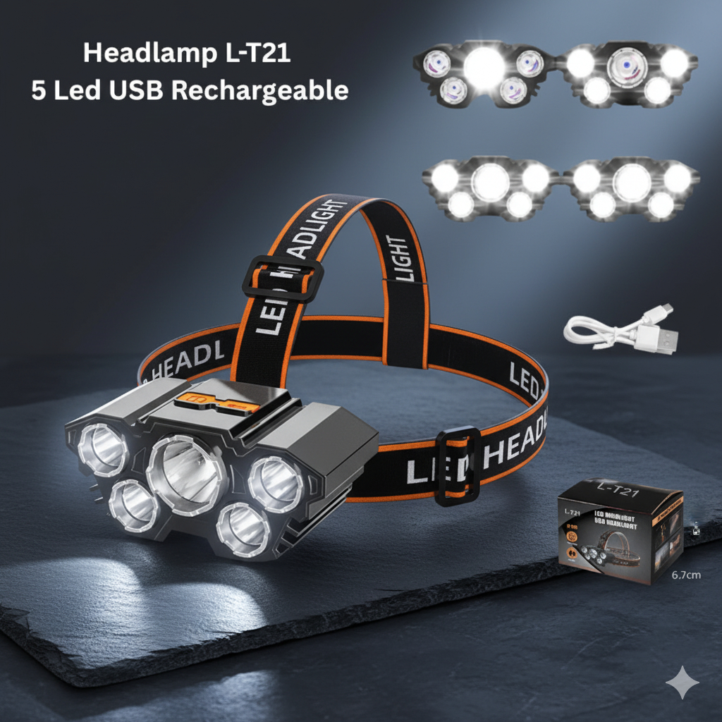 Senter Kepala 40 Watt L-T21 5 Led Rechargerable 4 Mode Cahaya Lampu Senter 50Watt