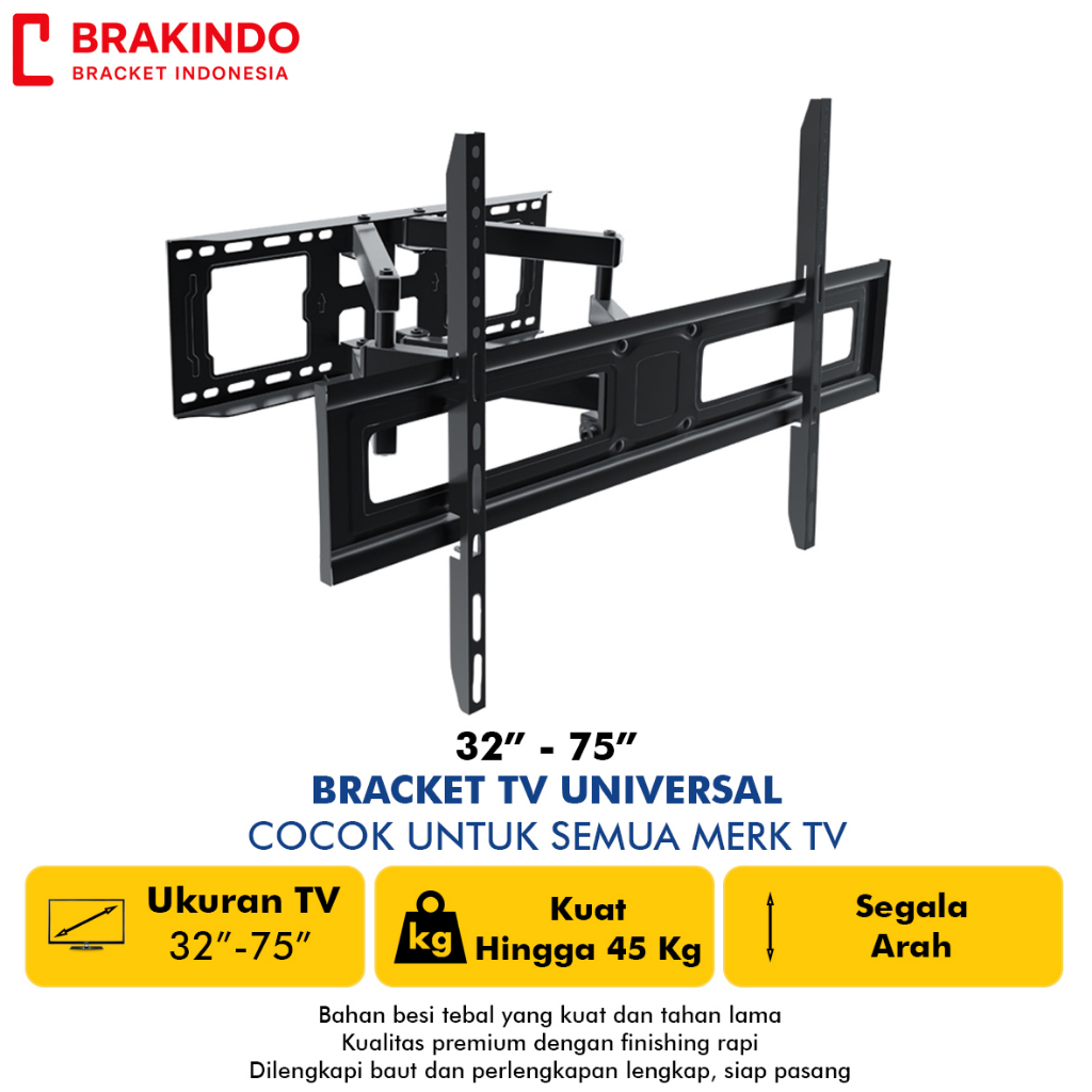 Bracket TV Full Motion 32–75 Inch Dinding Bisa Miring & Geser Bahan Baja Kuat 45Kg - Bracket TV, Bra