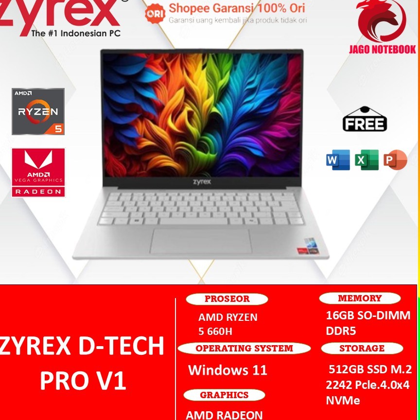 Laptop Zyrex D-Tech Pro V1 RYZEN 5 6600H 16GB 512GB Windows 11 14.0FHD IPS