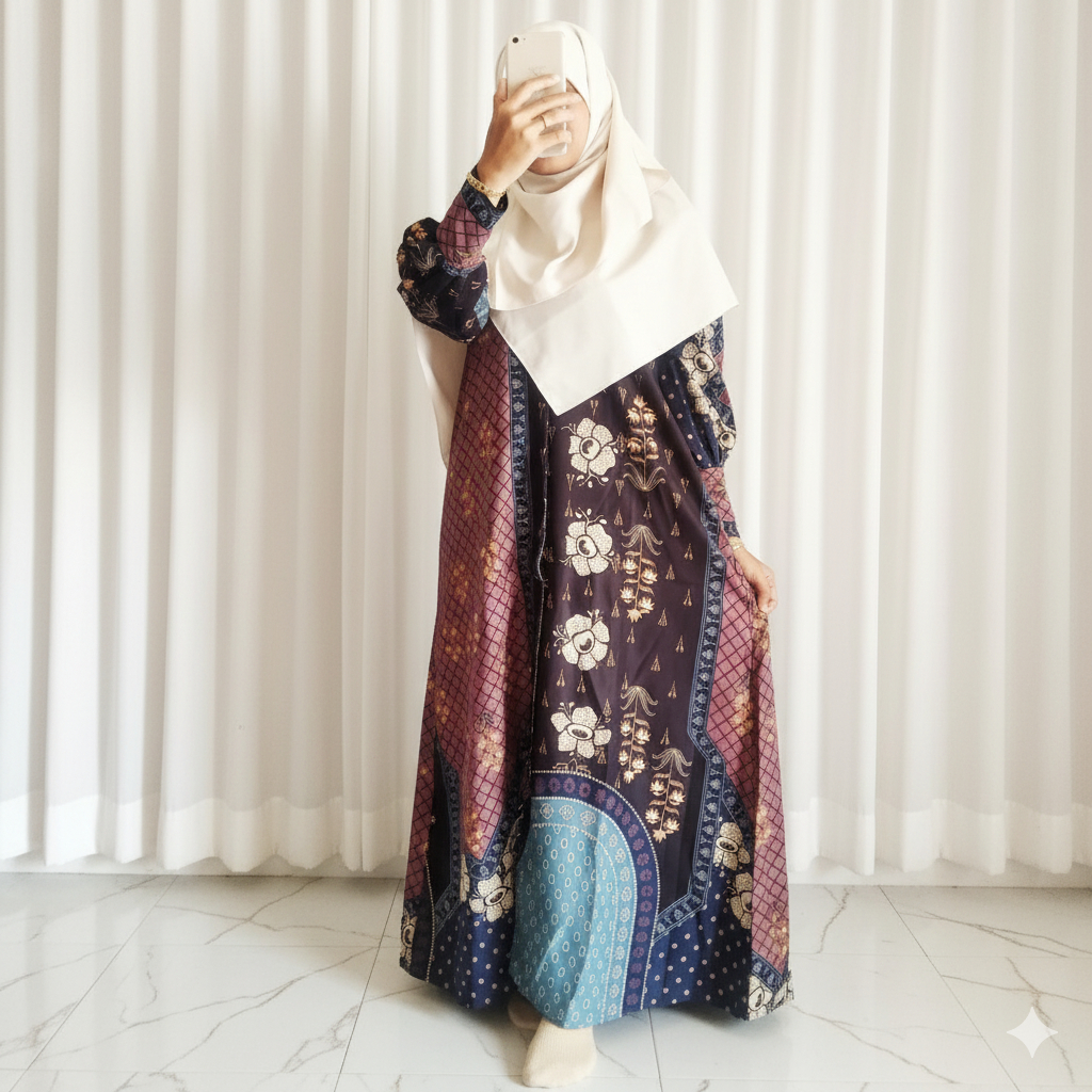 ELISHA  Gamis Lebaran 2026 - Jubah Hari Raya - Abaya Pesta - Gamis Syari -Gamis Motif Etnik Batik Wa