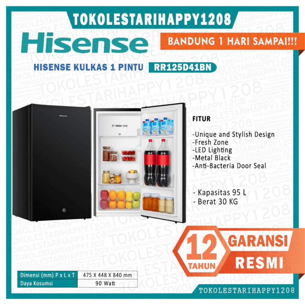 Kulkas 1 Pintu HISENSE RR125D41BN 91 Liter Semi defrost Lampu LED Garansi Resmi