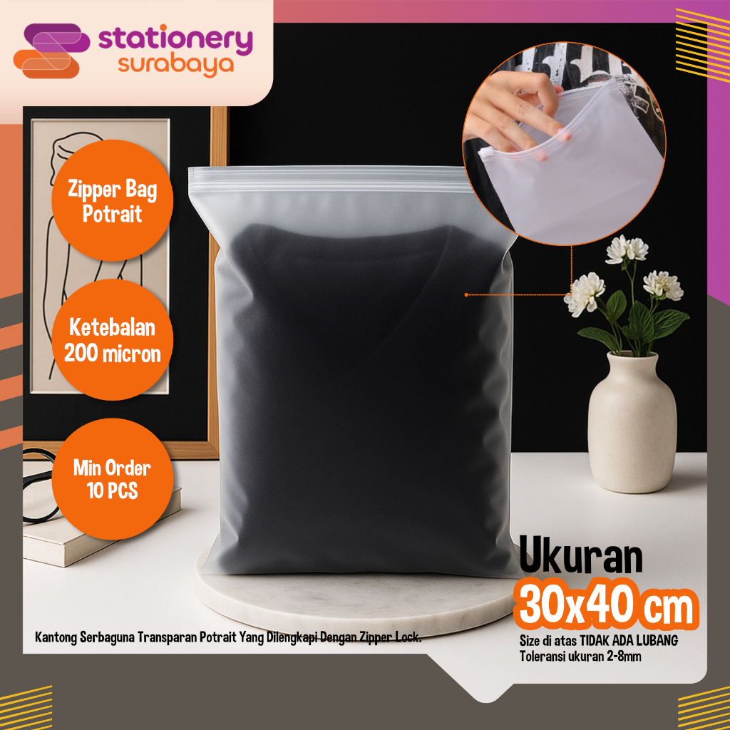 Zipper Bag Potrait Transparan Doff Organizer Bag Pouch Plastik Penyimpanan Ziplock Murah Ukuran 30x4
