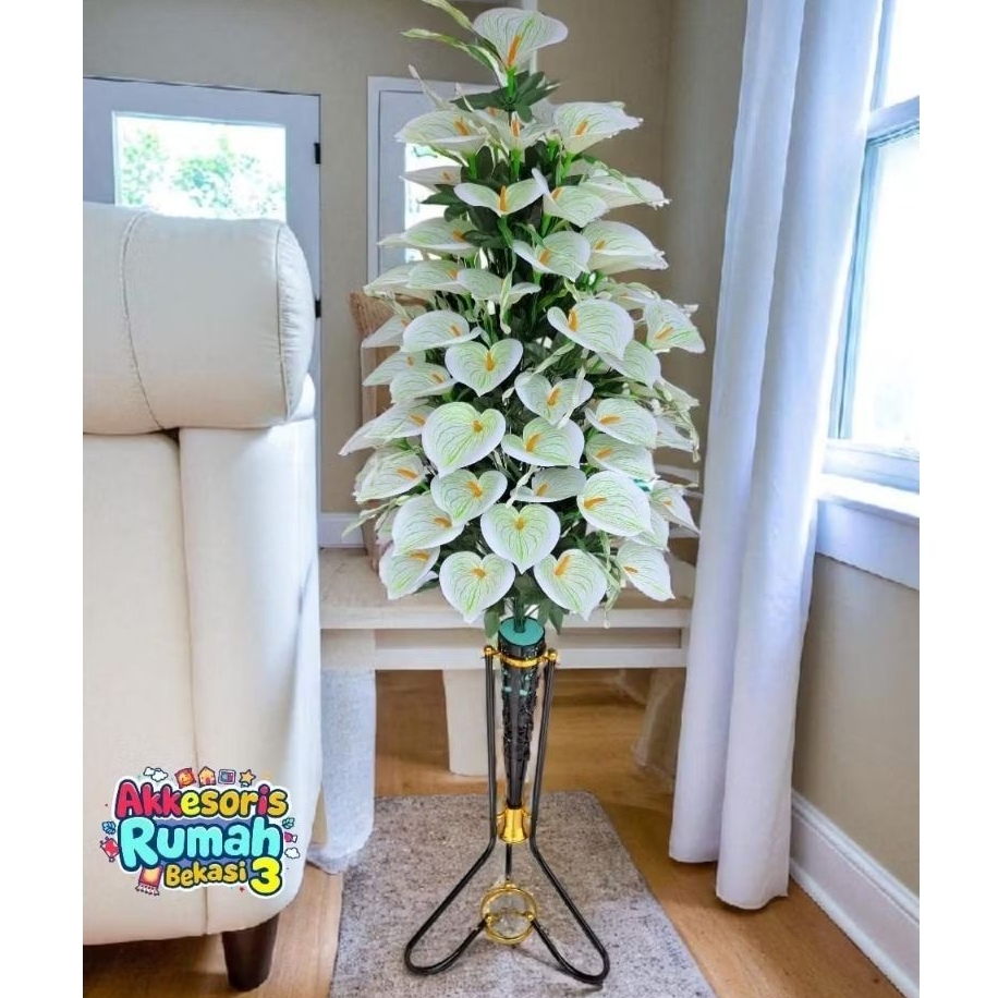 HIASAN RUMAH BUNGA ANTHURIUM LILY ARTIFICIAL 60 KUNTUM DENGAN POT STANDING BESI